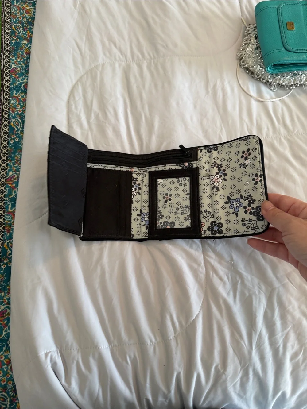 Vera Bradley Black Quilted Floral Fold-Over Travel Cosmetic Pouch